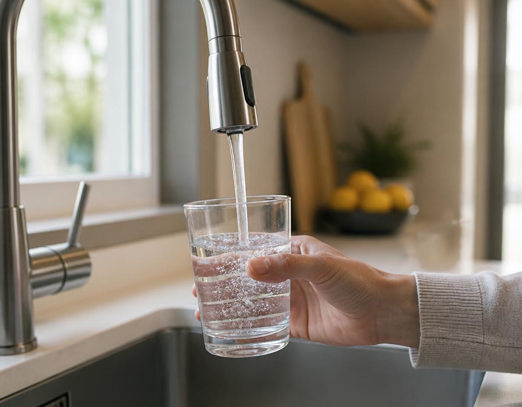 Tap water being poured into a drinking glass at a kitchen sink