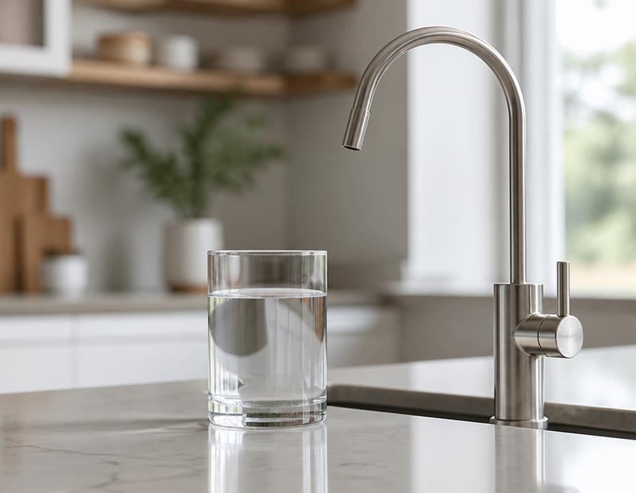 A clear glass of drinking water beside a kitchen drinking water faucet