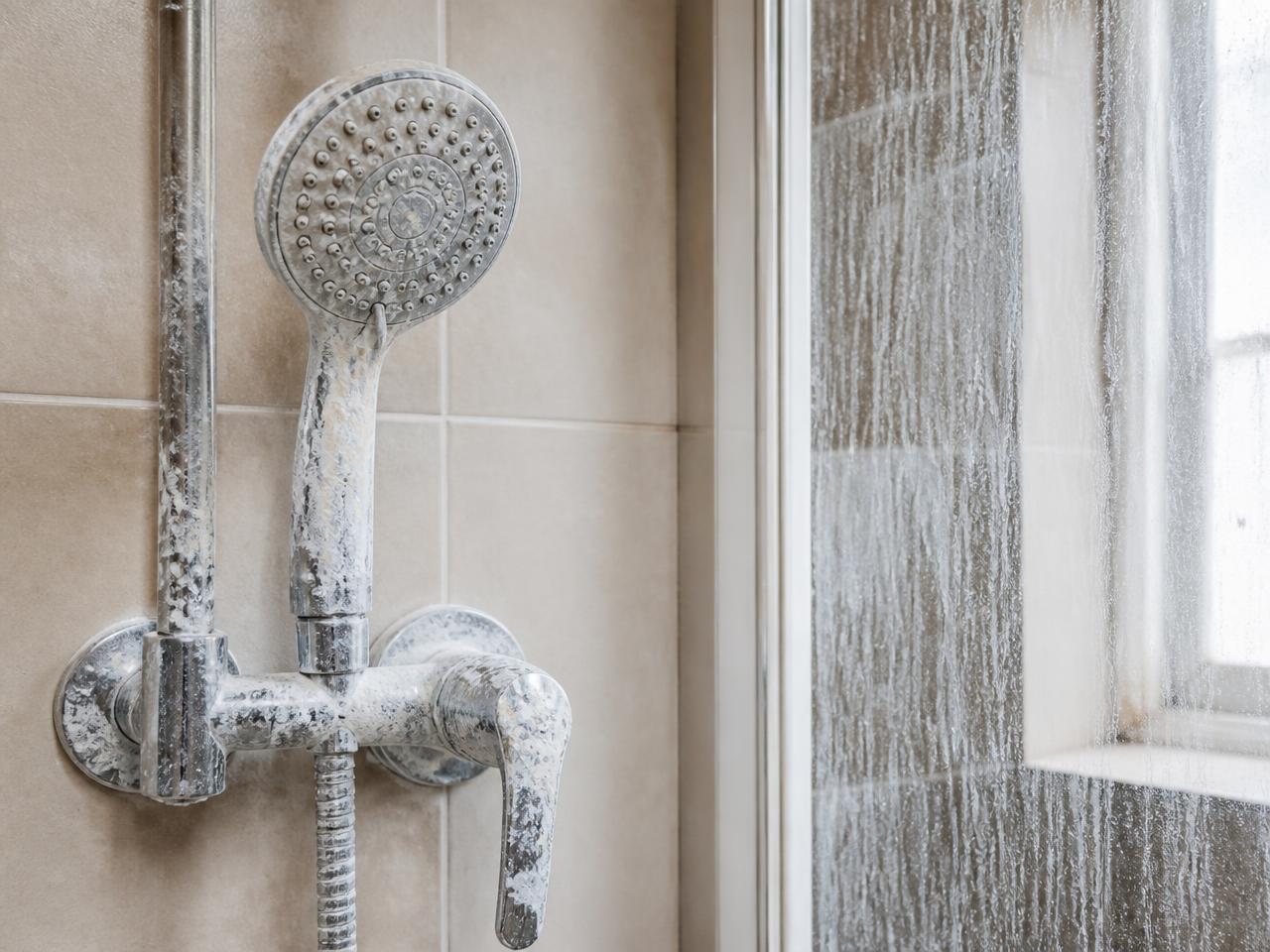 Hard water scale buildup on a bathroom faucet and shower glass
