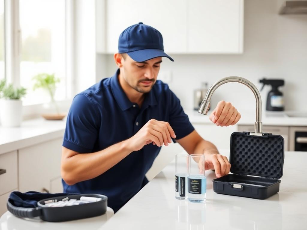 A Living Water specialist testing tap water at a kitchen sink