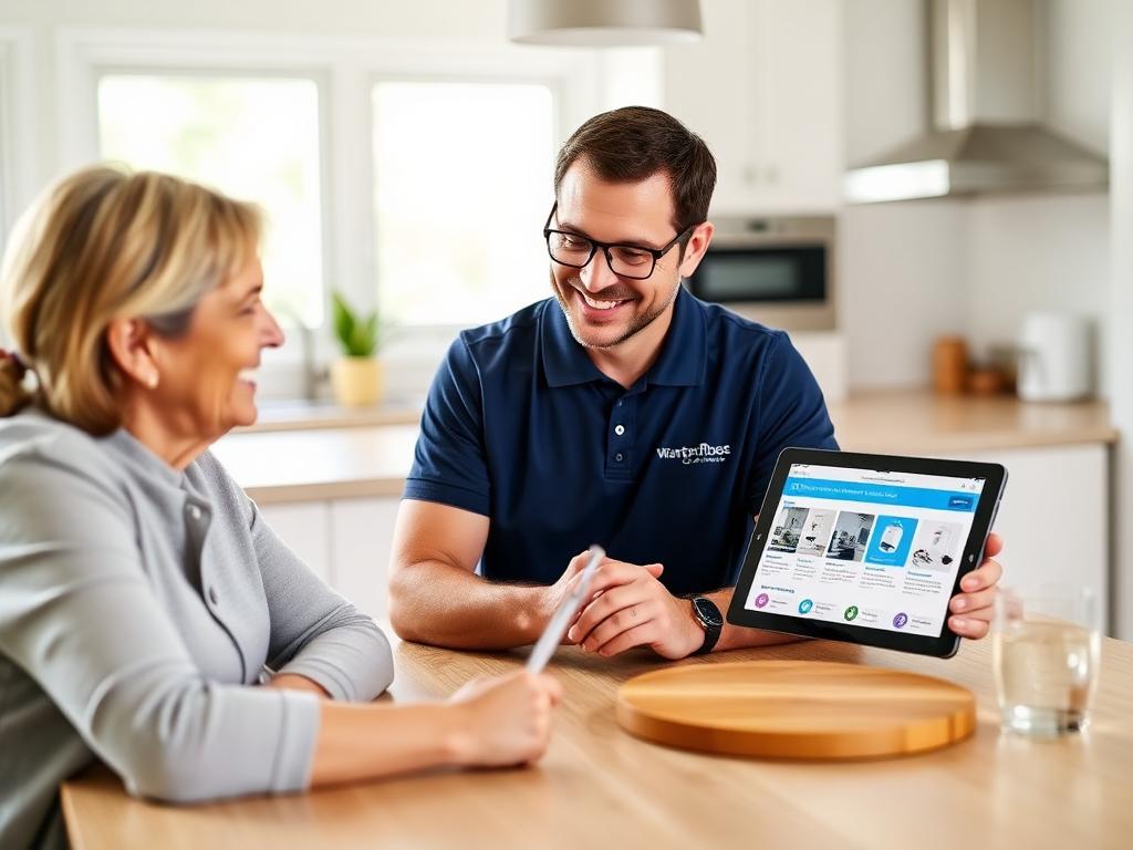 A specialist reviewing water treatment options with a homeowner