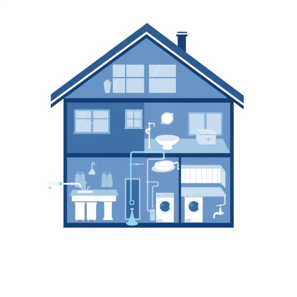 House diagram showing water flow through whole-home filtration